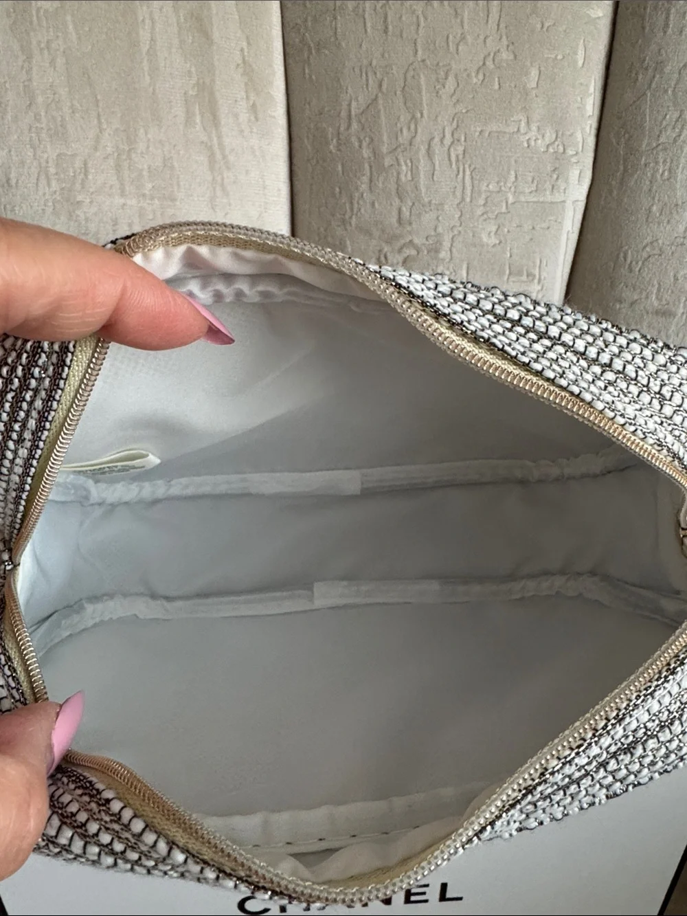 CHANEL Silver Metallic Woven Cosmetic Case with Gold Logo